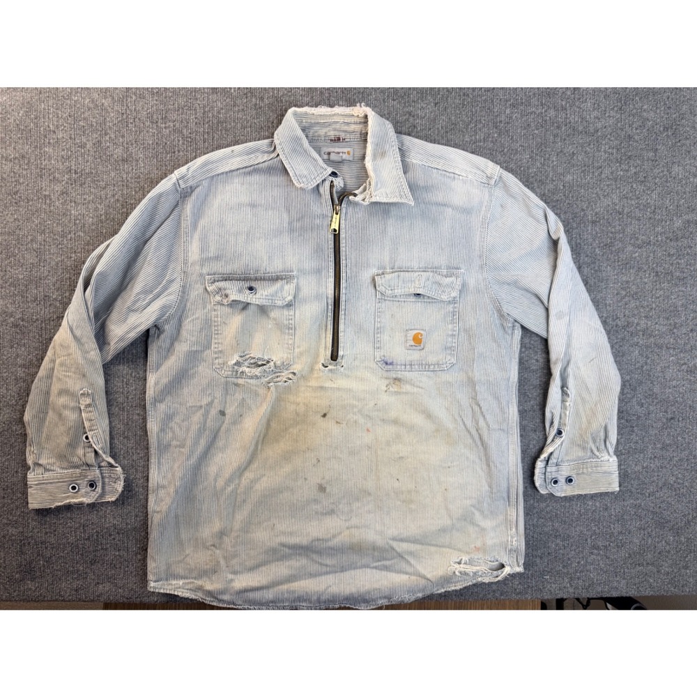 Carhartt Mens Large Blue Hickory Stripe Quarter Zip Work Shirt Distressed Cotton